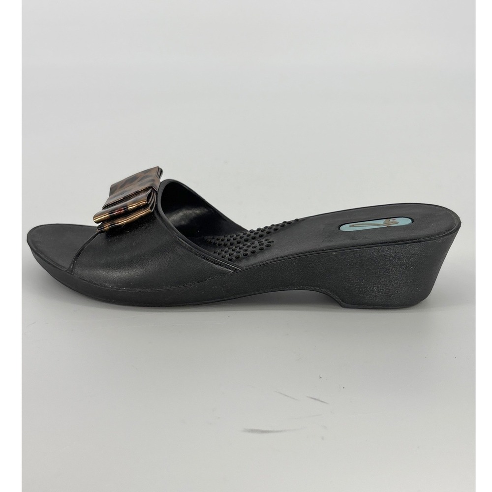 Oka-B Leopard Bow Wedge Sandals Womens 6 Black Slides Shoes Made in USA